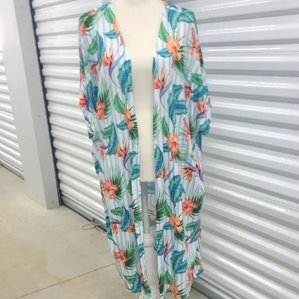 Floral Kimono Cardigan Open Front Hibiscus Bird Of Paradise Print Wrap White